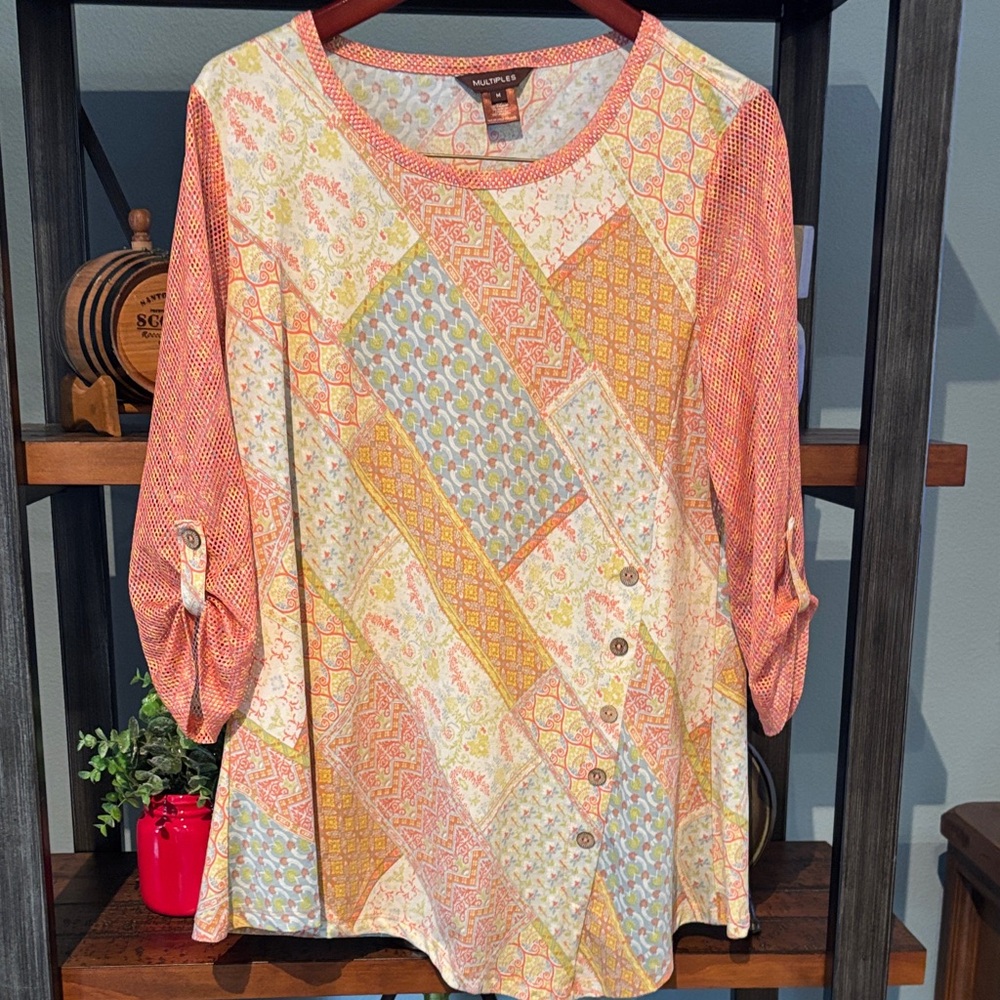 Multiples Orange and Cream Patchwork Blouse boho wood buttons